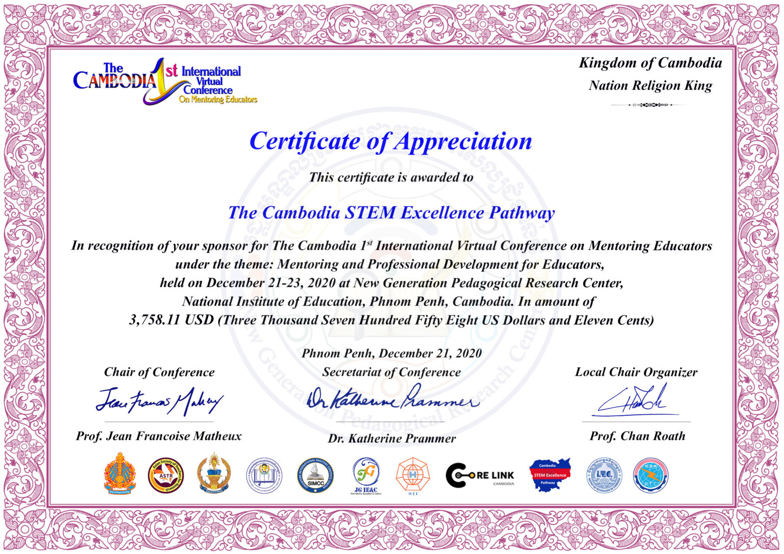 Certificate of appreciation New Generation Pedagogical Research Center