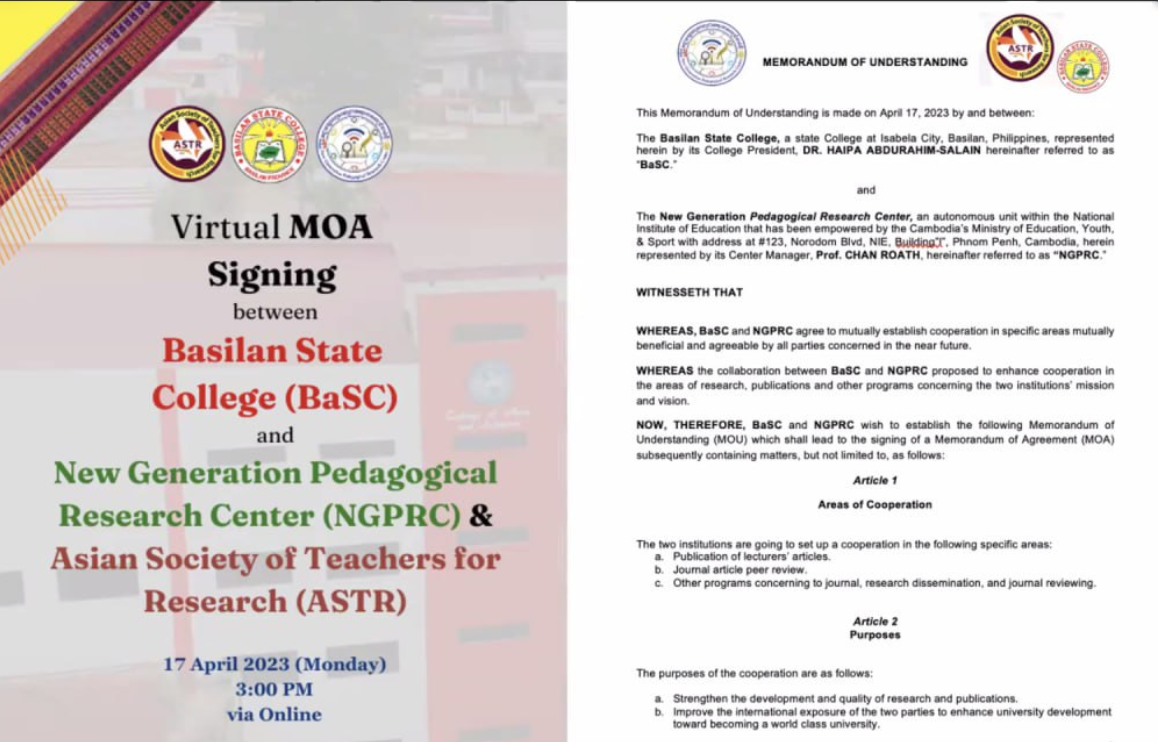 Virtual MoA Signing between New Generation Pedagogical Research Center (NGPRC) & Asian Society of Teachers for Research (ASTR) and Basilan State College (BaSC), Philippines.